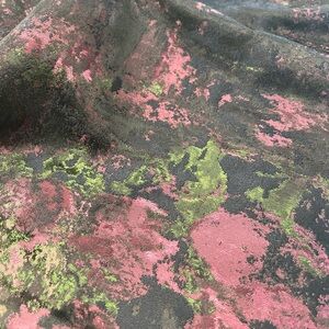 Gorgeous tea length gown, brocade black and pink and purple and green.